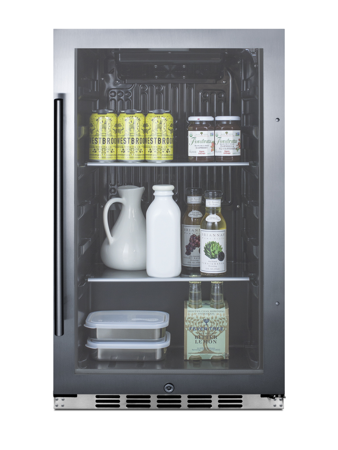 Commercially approved indoor/outdoor beverage cooler for built-in or freestanding use with a shallow 17.75